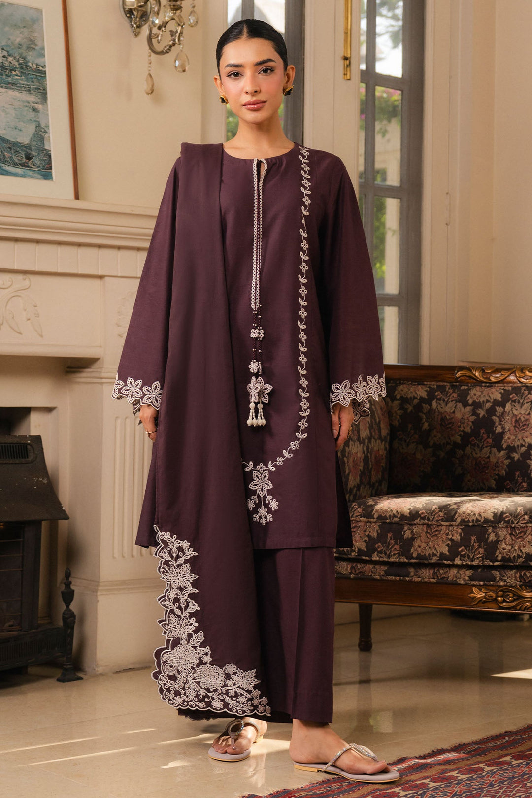 Cross Stitch - Royal Prune Cambric Suit For Women - Brown - 2 Piece