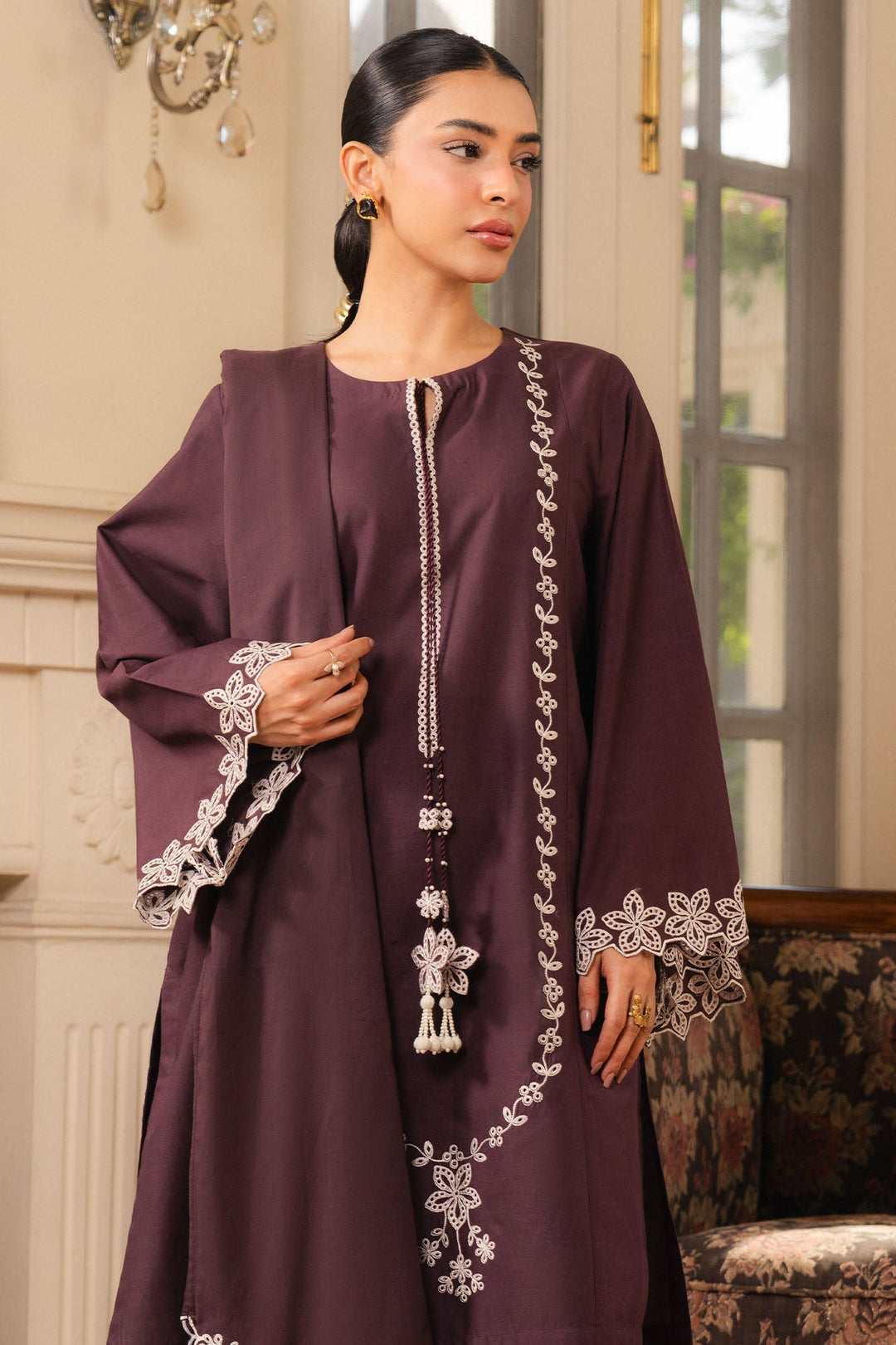 Cross Stitch - Royal Prune Cambric Suit For Women - Brown - 2 Piece