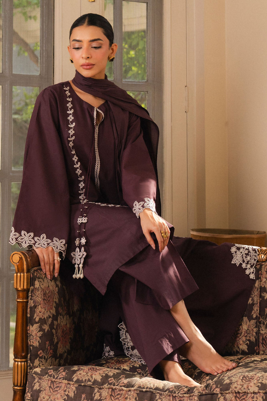 Cross Stitch - Royal Prune Cambric Suit For Women - Brown - 2 Piece