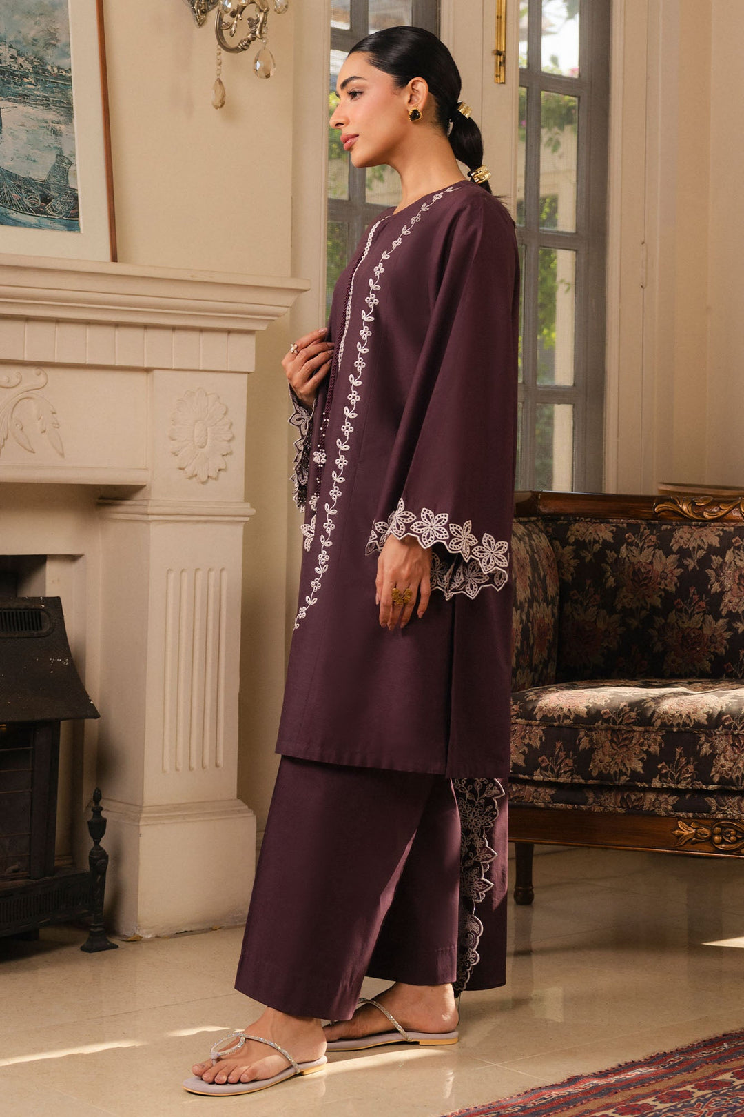 Cross Stitch - Royal Prune Cambric Suit For Women - Brown - 2 Piece