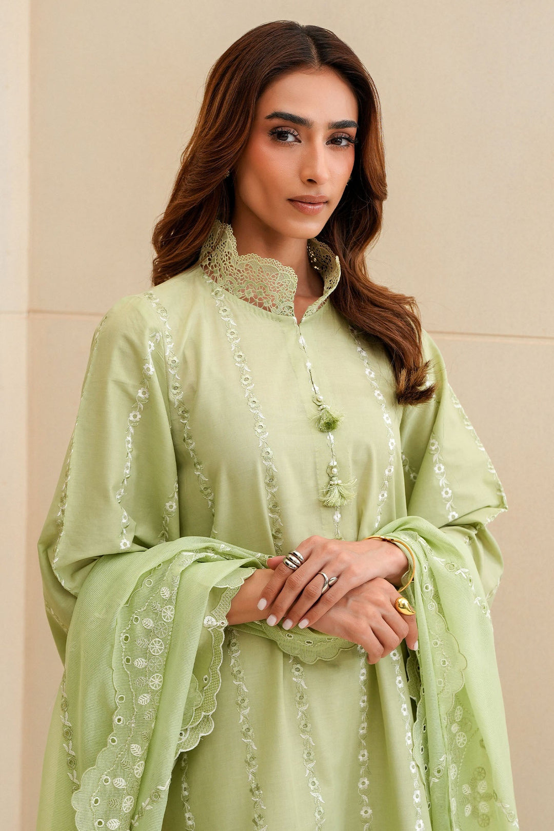 Cross Stitch - Sage Silk Chikankari Lawn Unstitch Suit For Women - 3 Piece