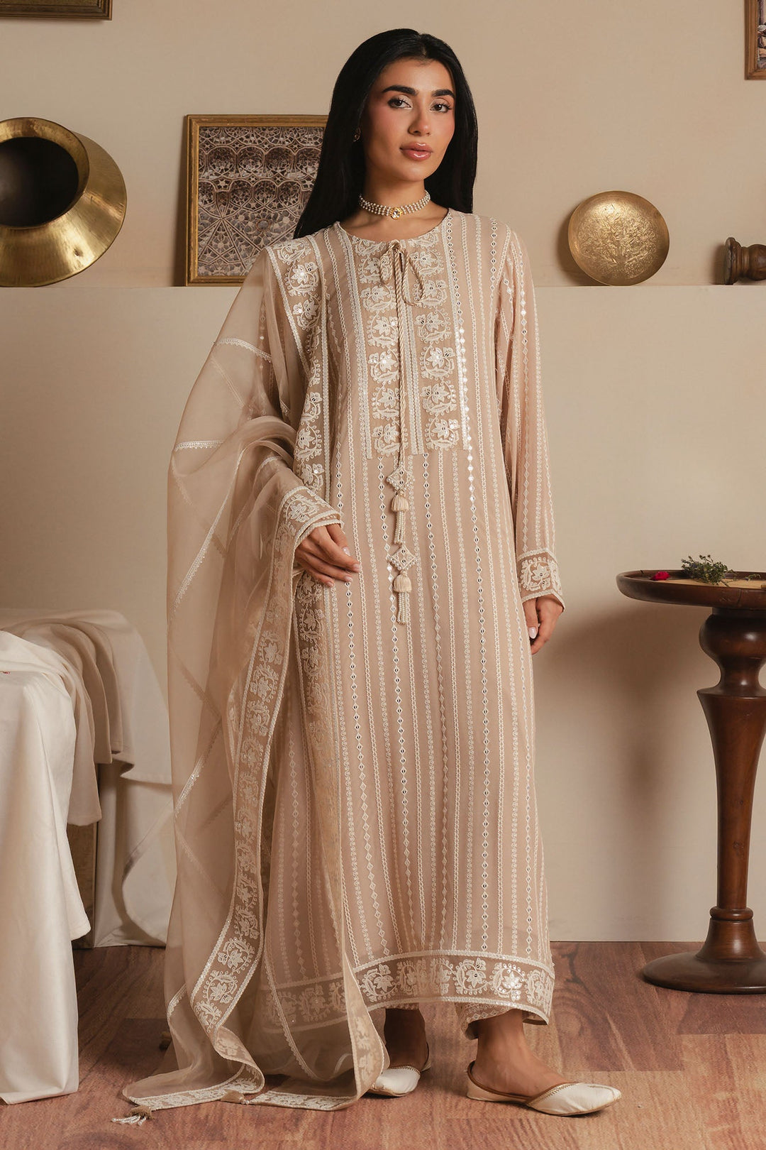 Cross Stitch - Sandstone Grace Chiffon Suit For Women - Beige - 3 Piece