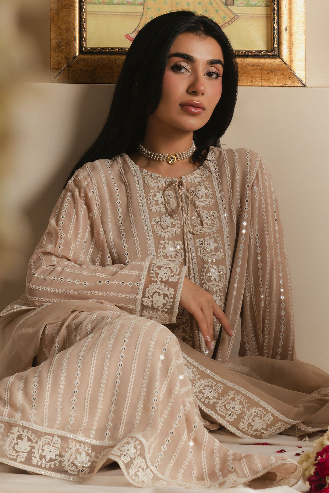 Cross Stitch - Sandstone Grace Chiffon Suit For Women - Beige - 3 Piece