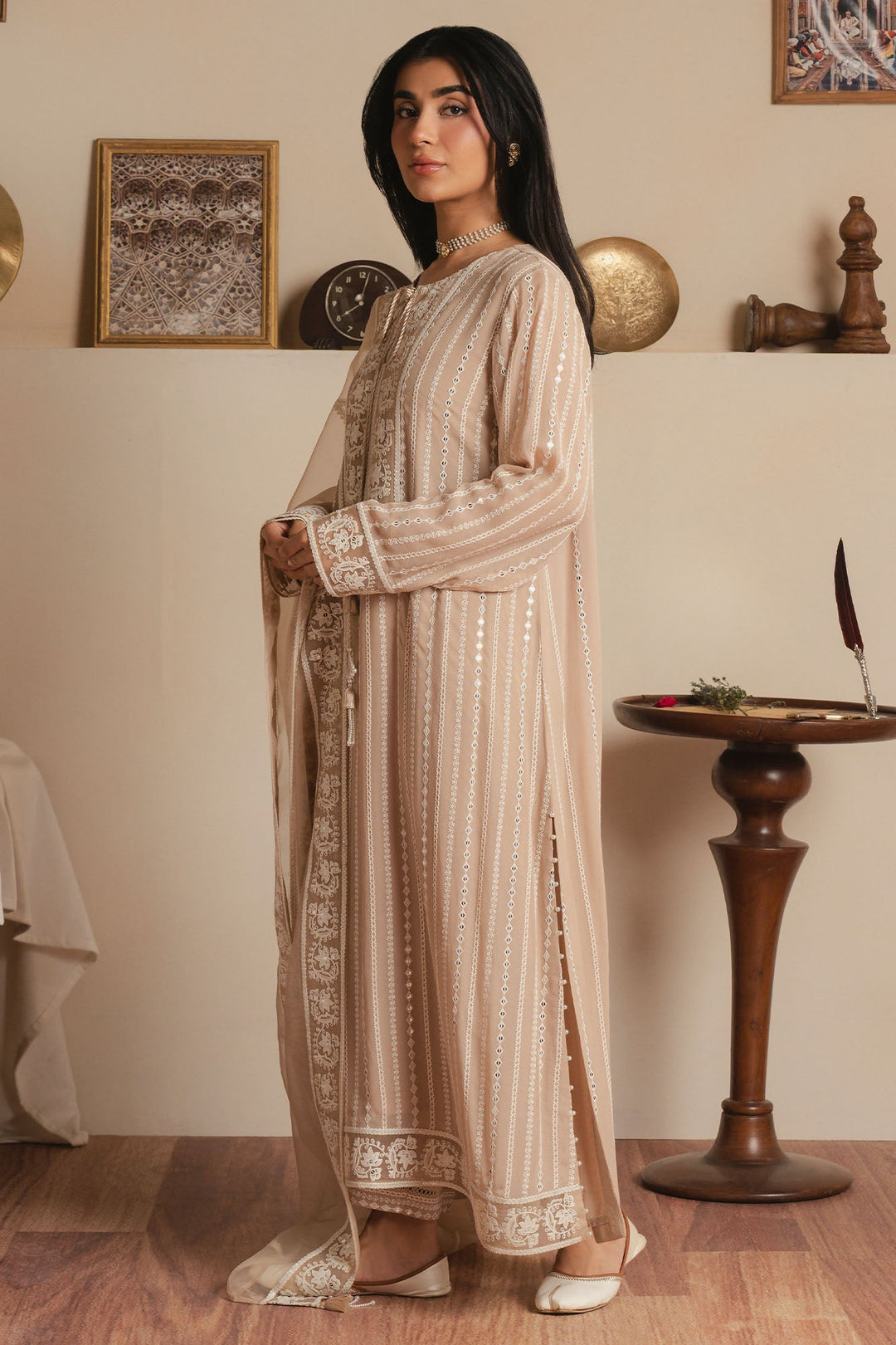 Cross Stitch - Sandstone Grace Chiffon Suit For Women - Beige - 3 Piece