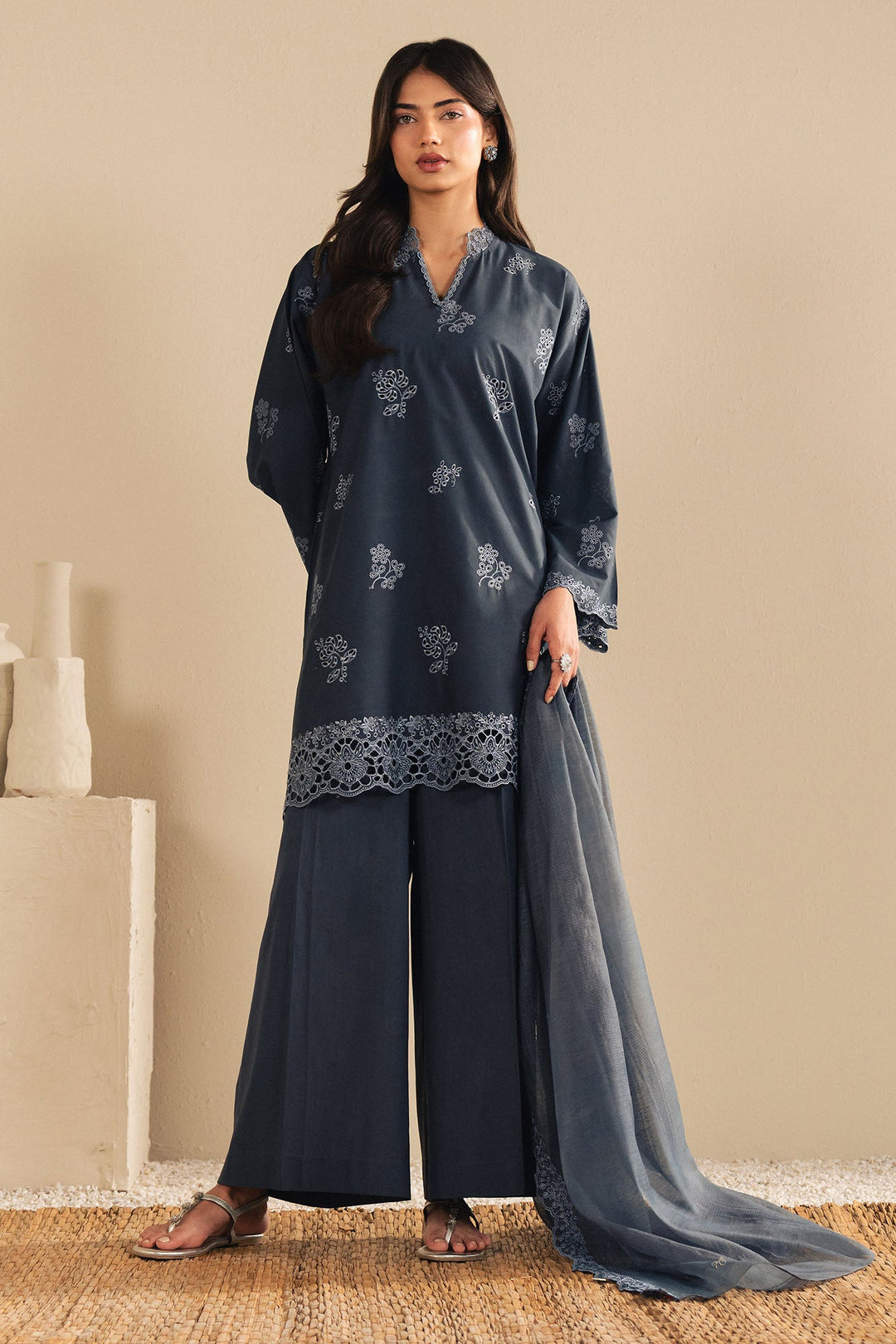 Cross Stitch - Sapphire Grace Cambric Suit For Women - Blue - 3 Piece