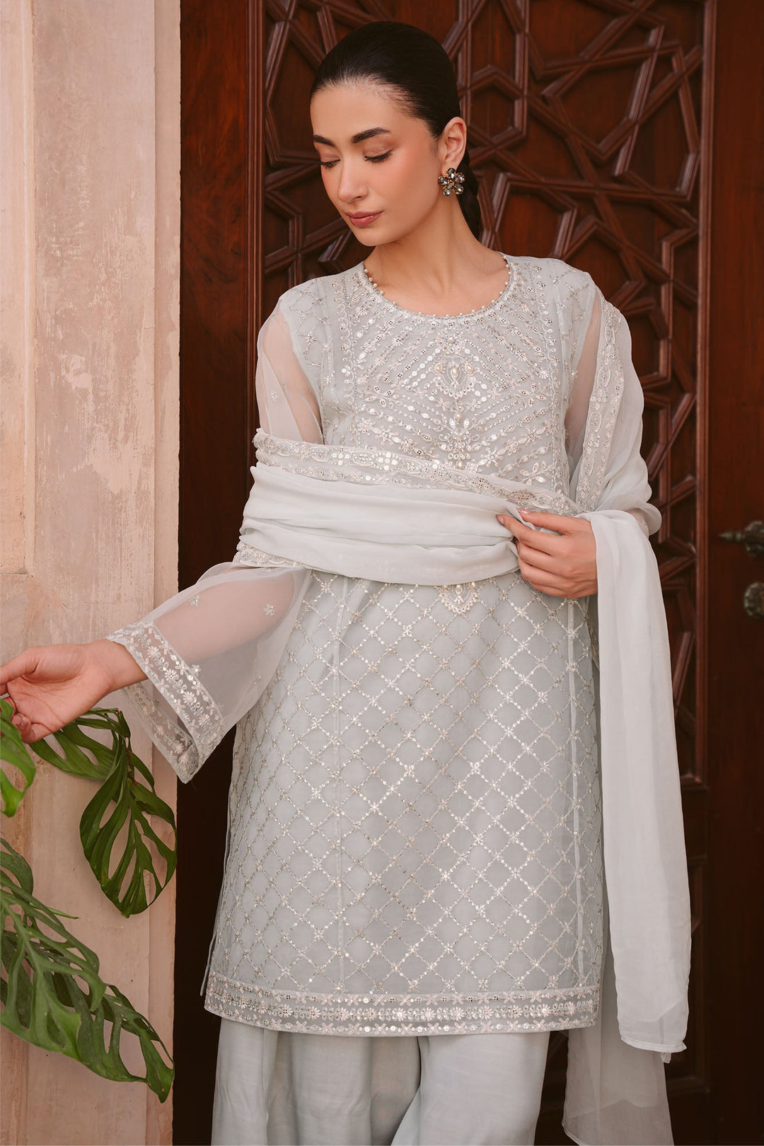 Cross Stitch - Sapphire Serenade Organza Suit For Women - Blue - 3 Piece