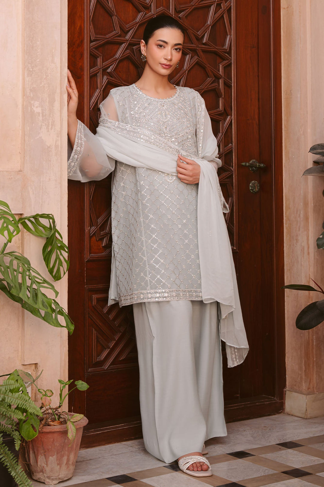 Cross Stitch - Sapphire Serenade Organza Suit For Women - Blue - 3 Piece