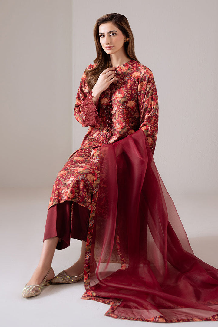 Cross Stitch - Scarlet Sunset Silk Suit For Women - Red - 2 Piece