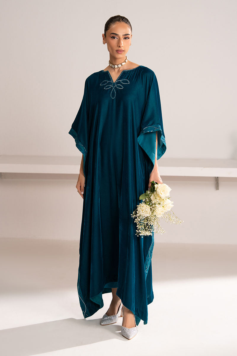 Cross Stitch - Stardust Drape Embroidered Velvet Kaftan For Women - Teal - 1 Piece