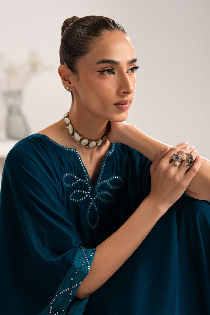 Cross Stitch - Stardust Drape Embroidered Velvet Kaftan For Women - Teal - 1 Piece