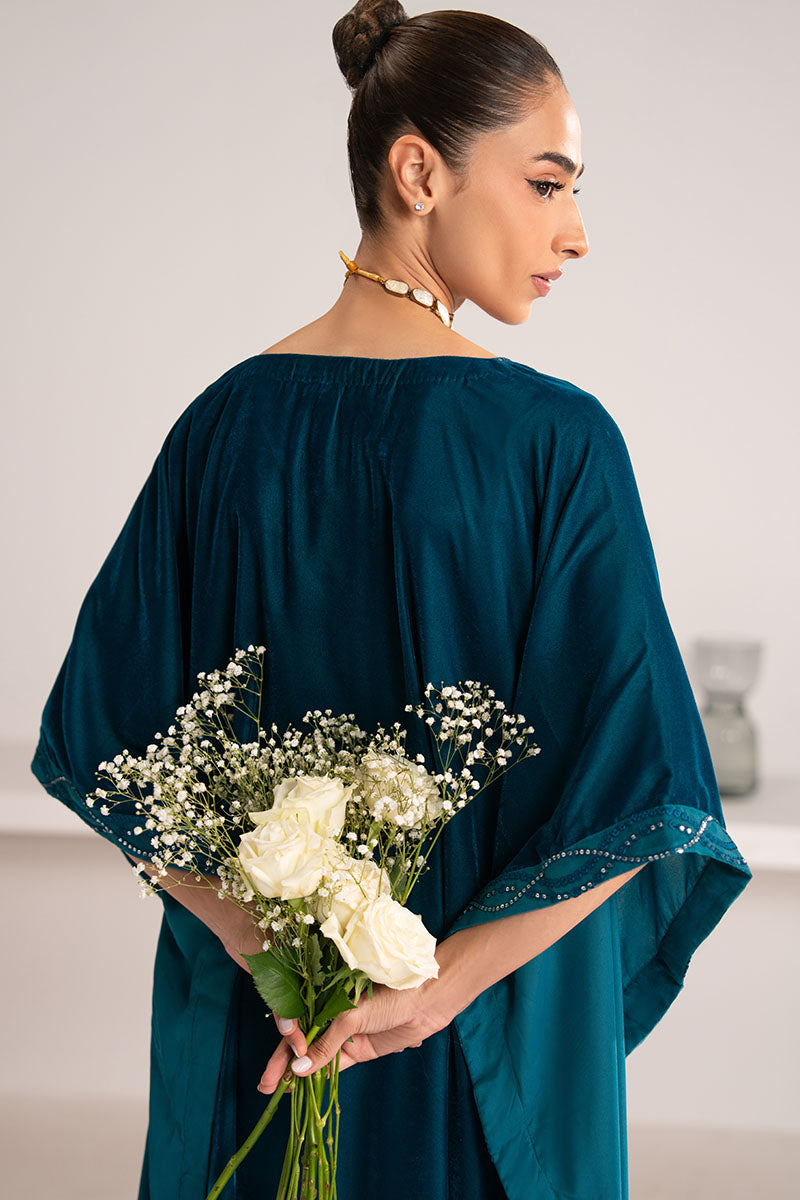 Cross Stitch - Stardust Drape Embroidered Velvet Kaftan For Women - Teal - 1 Piece