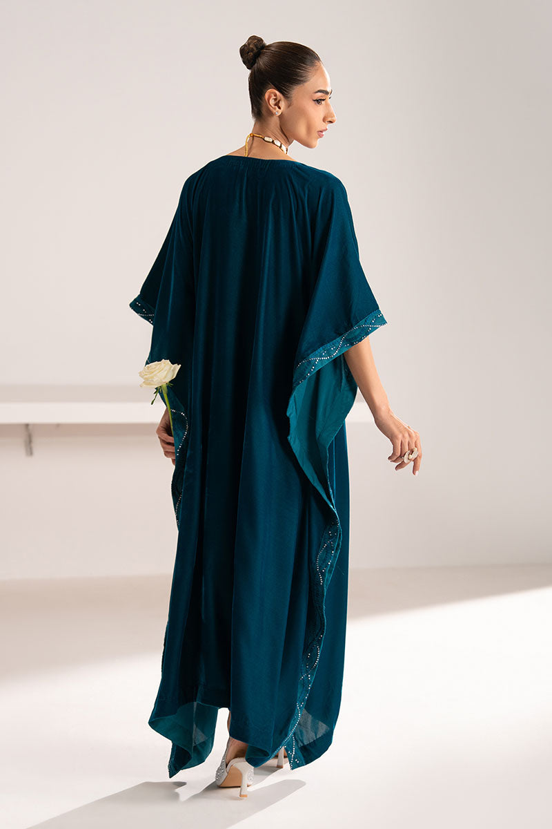 Cross Stitch - Stardust Drape Embroidered Velvet Kaftan For Women - Teal - 1 Piece
