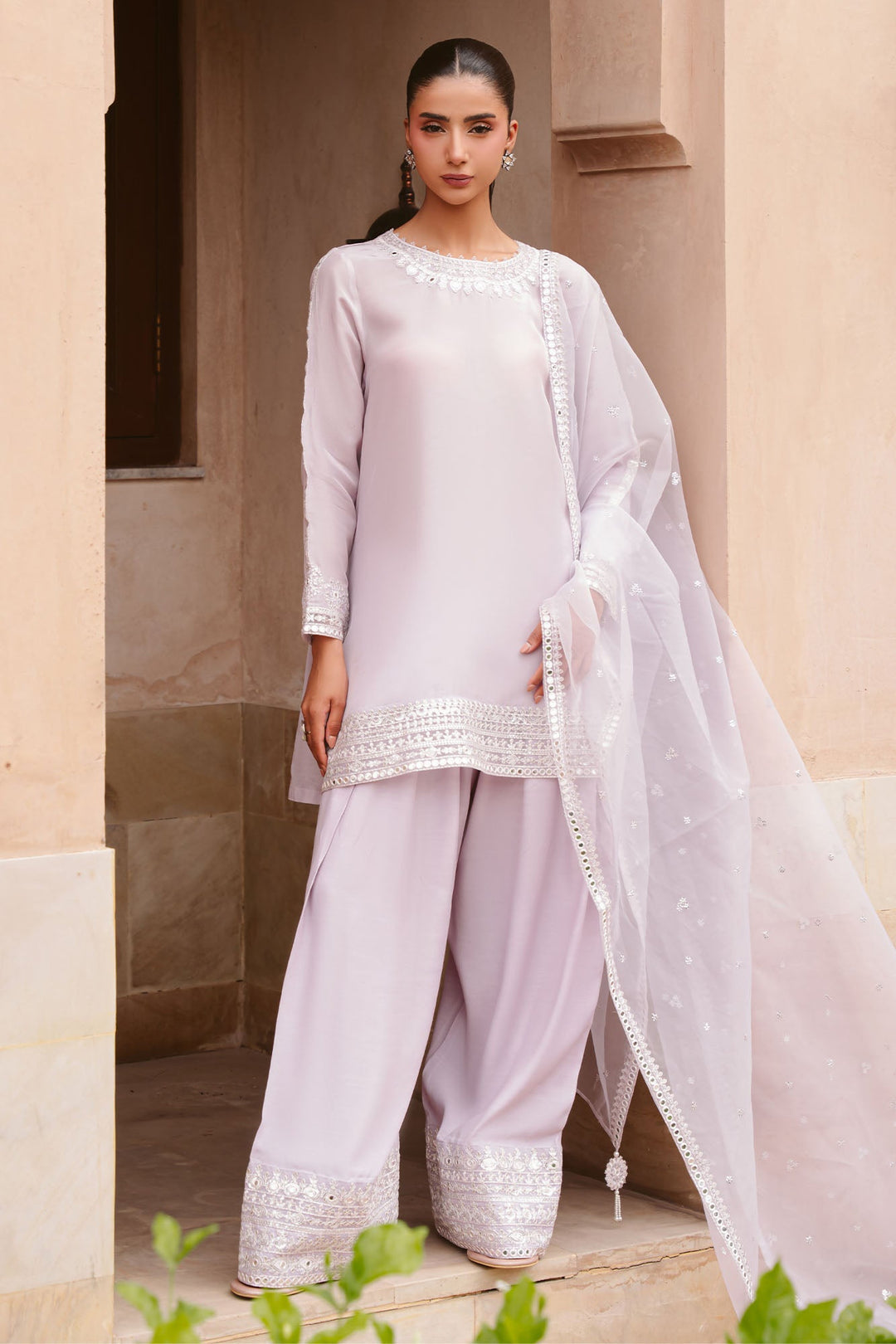 Cross Stitch - Twilight Gleam Silk Suit For Women - Purple - 3 Piece