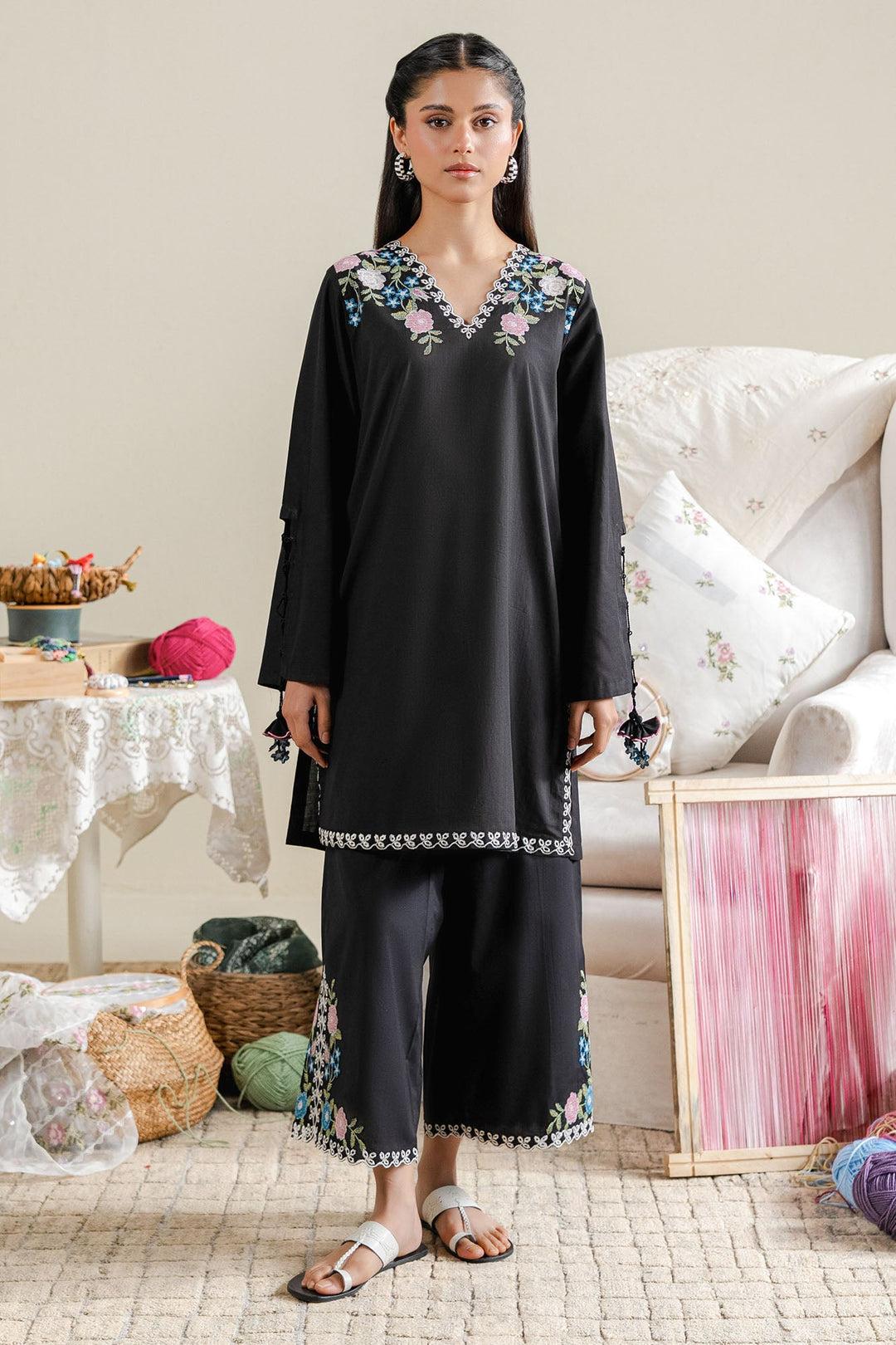 Cross Stitch - Vived Noir Cambric Suit For Women - Black - 2 Piece