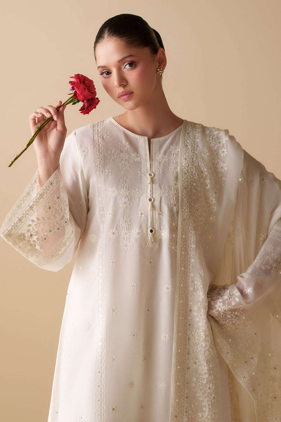 Cross Stitch - White Serenity Cambric Suit For Women - White - 2 Piece