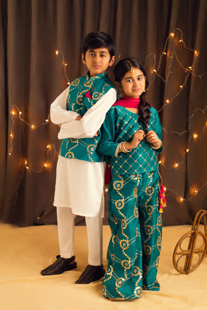 Kidoz Kloset - Dazzling Delight Teal Embroidered Plazo Set For Girl