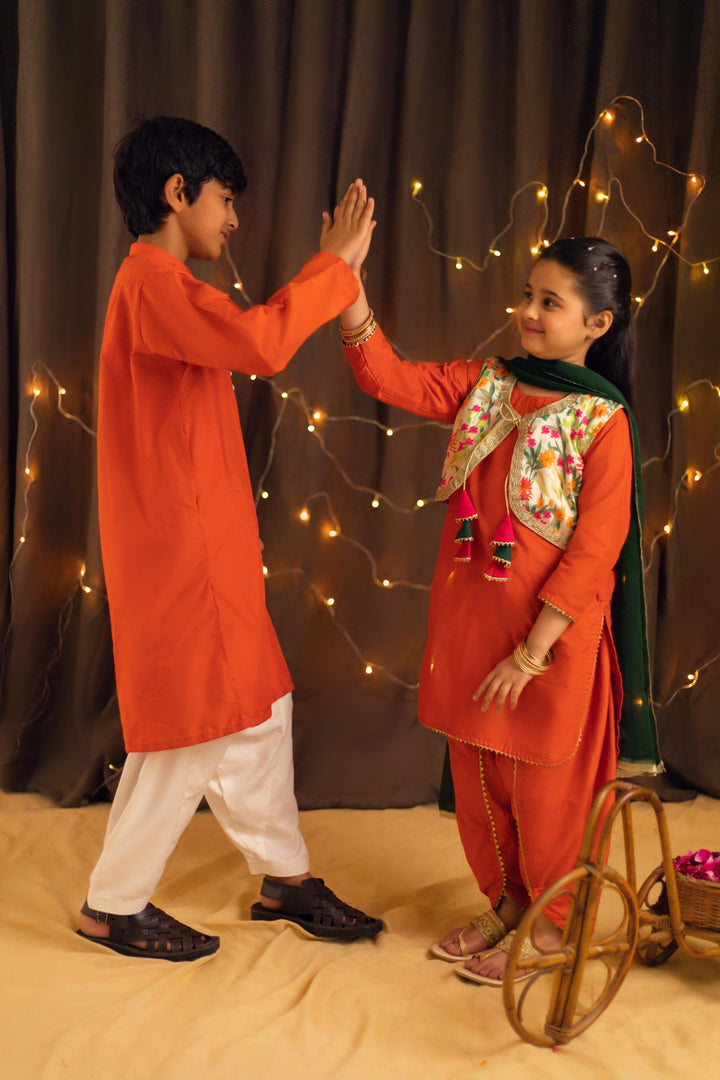 Kidoz Kloset - Tangy Orange Dhoti / Tulip Pant Set For Girl