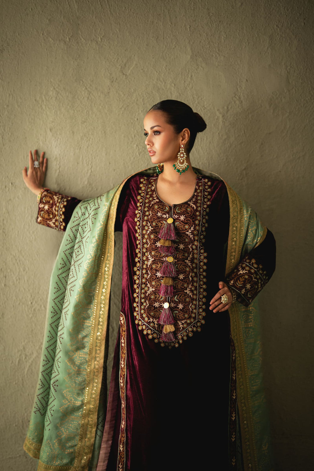 Shehrnaz - Eloria Plum Velvet Long Shirt Set - SHK-1599 - Plum - velvet - 3 Piece