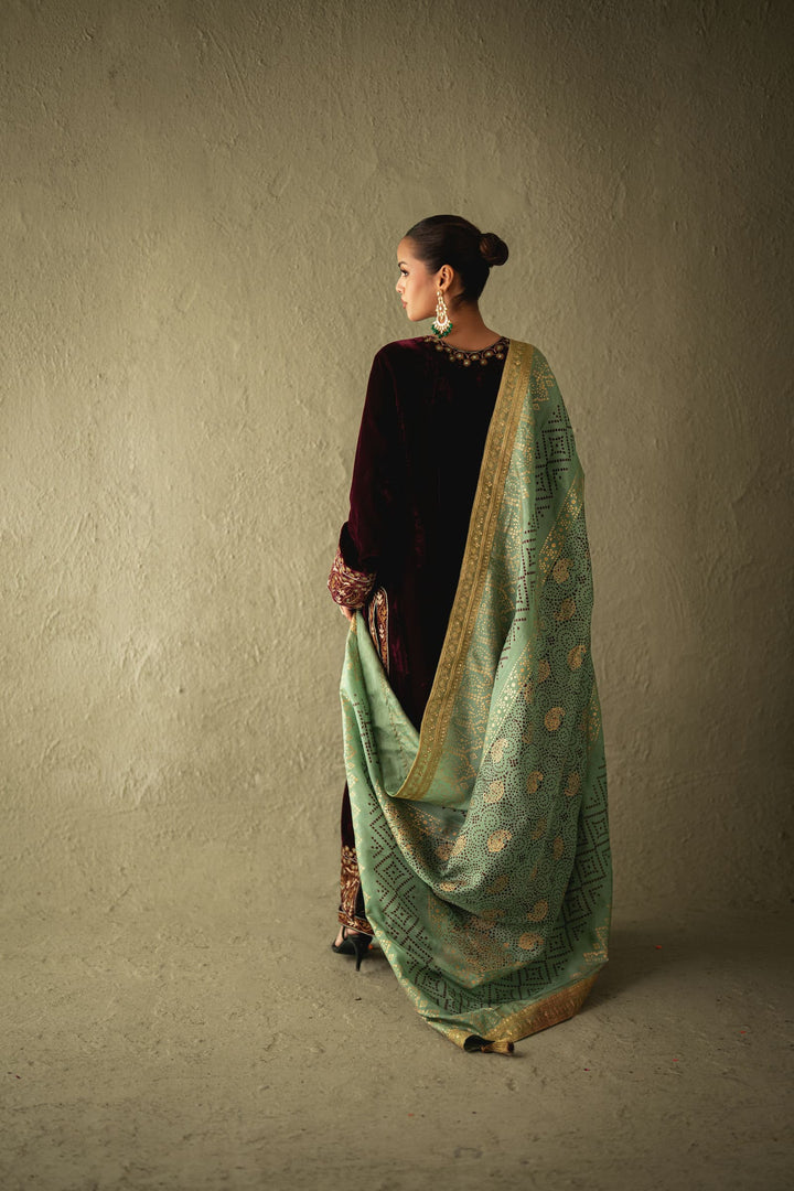 Shehrnaz - Eloria Plum Velvet Long Shirt Set - SHK-1599 - Plum - velvet - 3 Piece