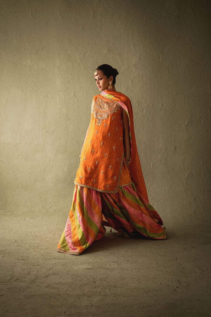 Shehrnaz - Zarisha Orange Zari Gharara Set - SHK-1570 - Orange - Cotton Net - 3 Piece