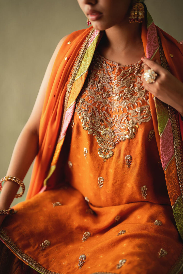 Shehrnaz - Zarisha Orange Zari Gharara Set - SHK-1570 - Orange - Cotton Net - 3 Piece