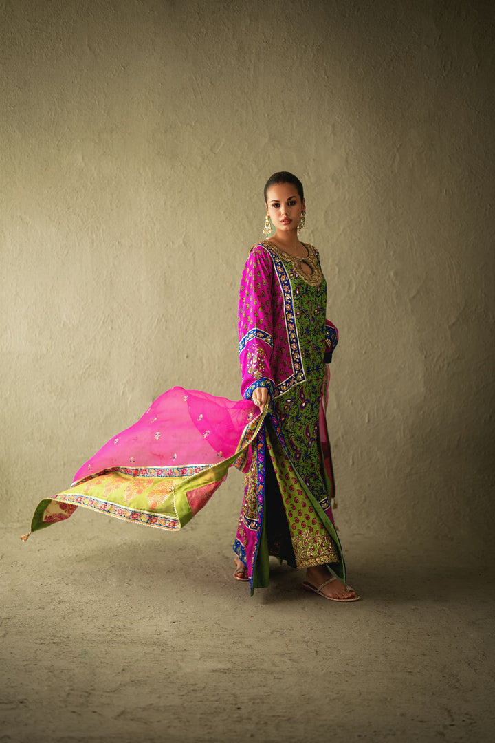 Shehrnaz - Naysa Dhani-Pink Silk Kaftan Set - SHK-1578 - Dhaani Green - Pure Medium Silk - 3 Piece