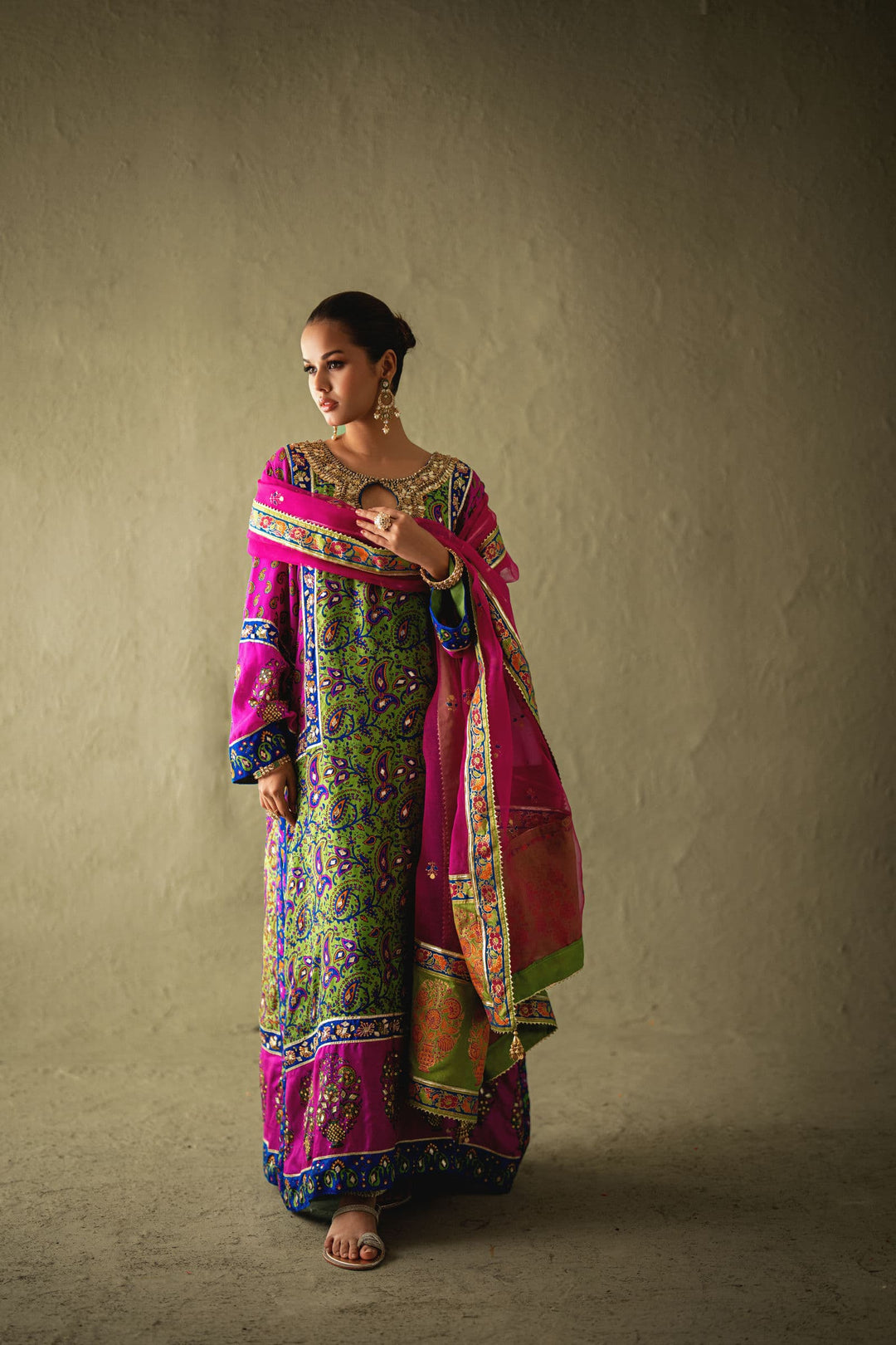 Shehrnaz - Naysa Dhani-Pink Silk Kaftan Set - SHK-1578 - Dhaani Green - Pure Medium Silk - 3 Piece