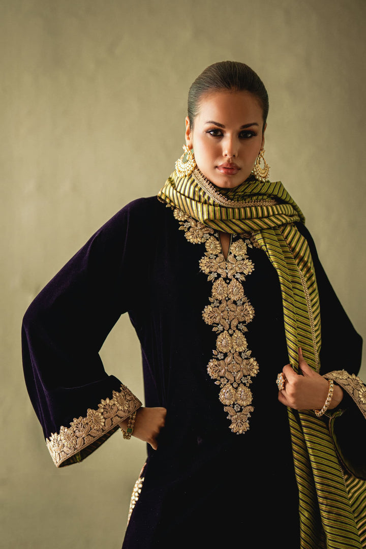 Shehrnaz - Sereya Purple Velvet Shalwar Set - SHK-1598 - Purple - velvet - 3 Piece