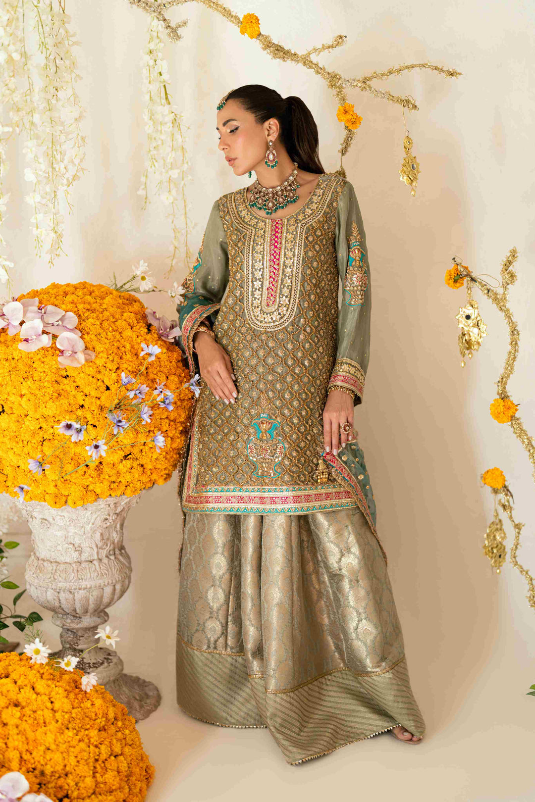 Shehrnaz - Zoya Sea Green Kurta Set - SHK-1566 - Sea green - Mysore silk - 3 Piece