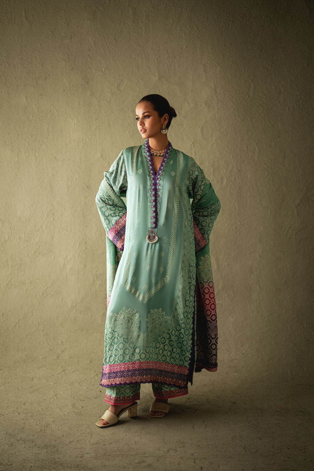 Shehrnaz - Avena Sea-Green Silk Chunri Set - SHK-1580 - Sea-green - satin - 3 Piece