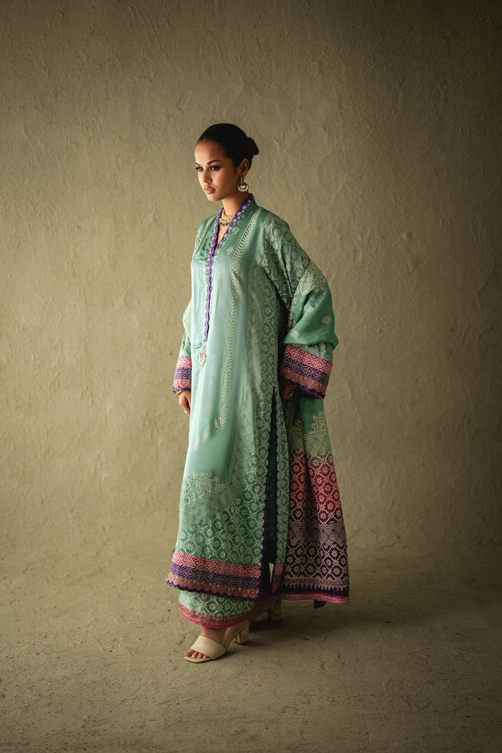 Shehrnaz - Avena Sea-Green Silk Chunri Set - SHK-1580 - Sea-green - satin - 3 Piece