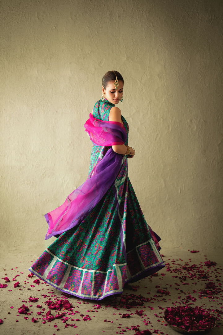 Shehrnaz - Seren Emerald-Purple Silk Kaftan - SHK-1582 - Emerald Green - Pure Medium Silk - 3 Piece