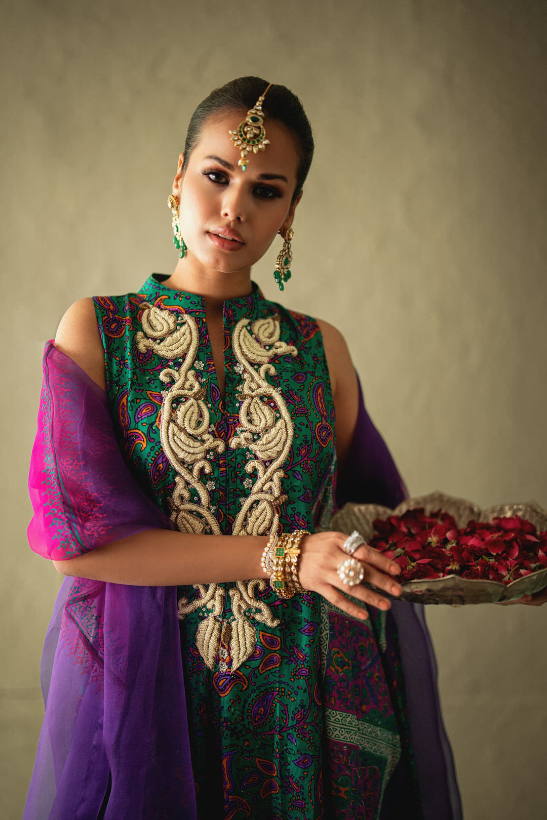 Shehrnaz - Seren Emerald-Purple Silk Kaftan - SHK-1582 - Emerald Green - Pure Medium Silk - 3 Piece