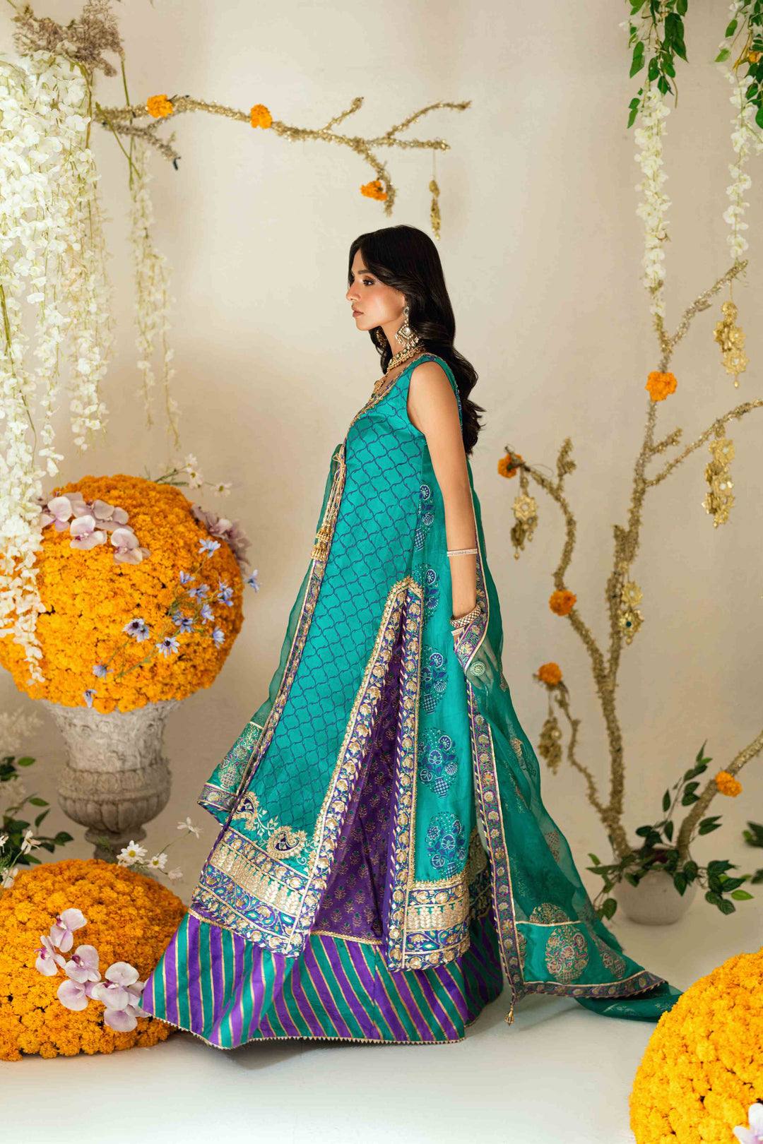 Shehrnaz - Kira Purple–Turquoise Angrakha Set - SHK-1564 - Purple & Turqoise - Silk & Organza - 3 Piece