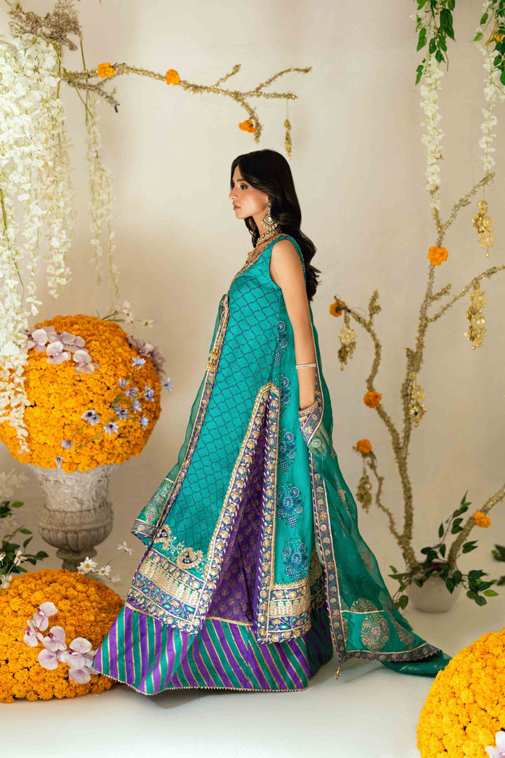 Shehrnaz - Kira Purple–Turquoise Angrakha Set - SHK-1564 - Purple & Turqoise - Silk & Organza - 3 Piece