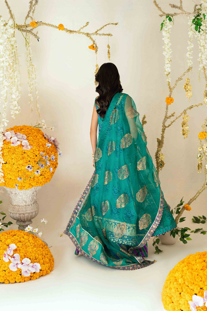 Shehrnaz - Kira Purple–Turquoise Angrakha Set - SHK-1564 - Purple & Turqoise - Silk & Organza - 3 Piece