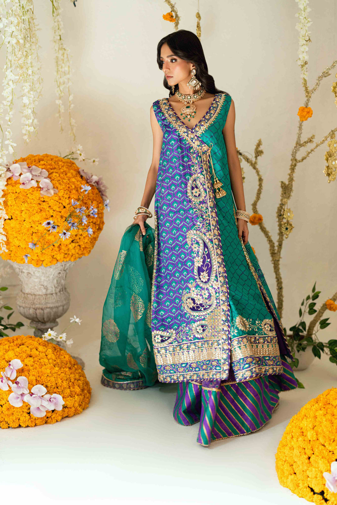 Shehrnaz - Kira Purple–Turquoise Angrakha Set - SHK-1564 - Purple & Turqoise - Silk & Organza - 3 Piece