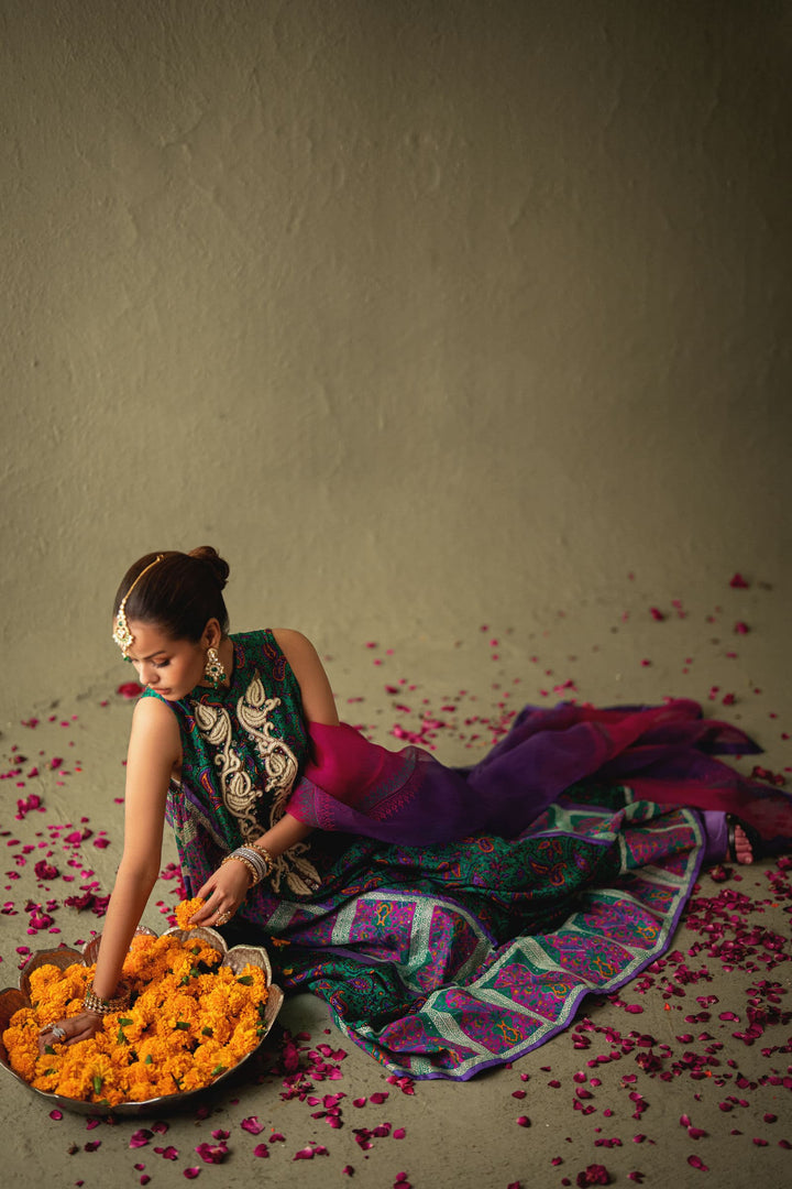 Shehrnaz - Seren Emerald-Purple Silk Kaftan - SHK-1582 - Emerald Green - Pure Medium Silk - 3 Piece