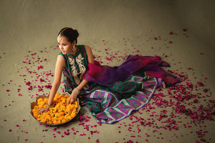 Shehrnaz - Seren Emerald-Purple Silk Kaftan - SHK-1582 - Emerald Green - Pure Medium Silk - 3 Piece