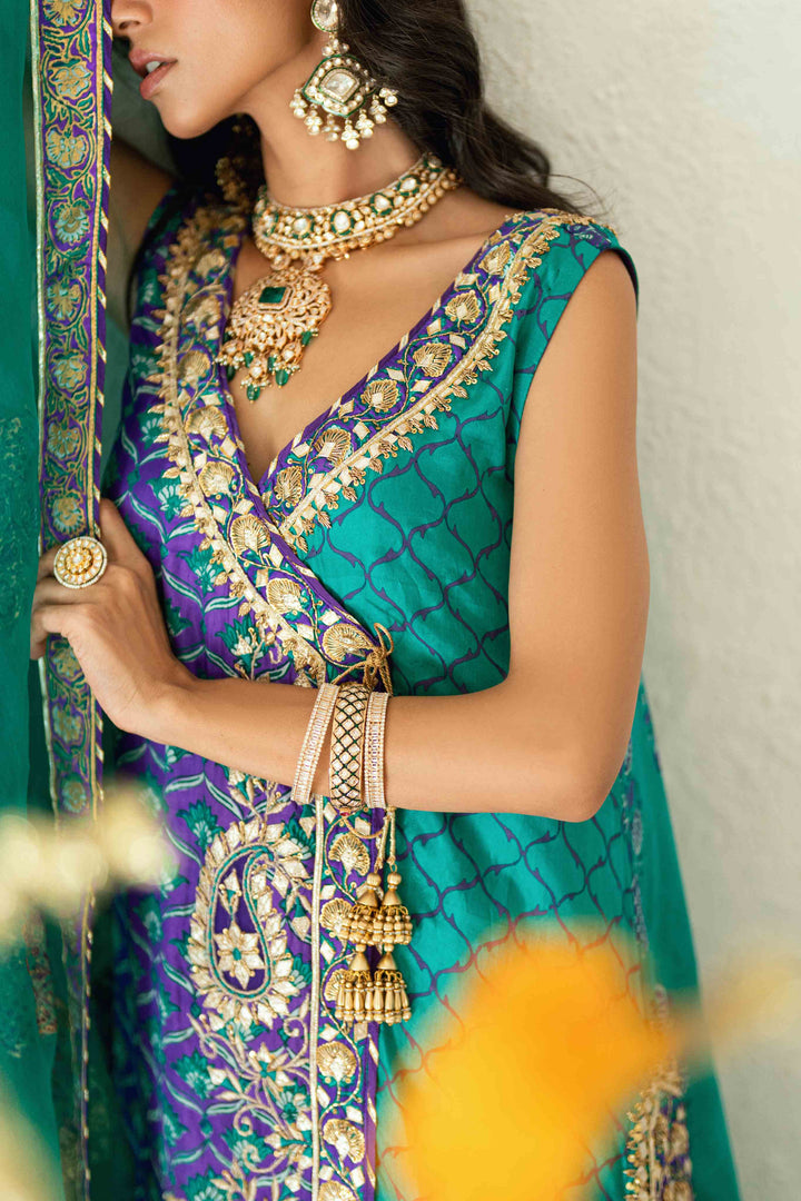 Shehrnaz - Kira Purple–Turquoise Angrakha Set - SHK-1564 - Purple & Turqoise - Silk & Organza - 3 Piece