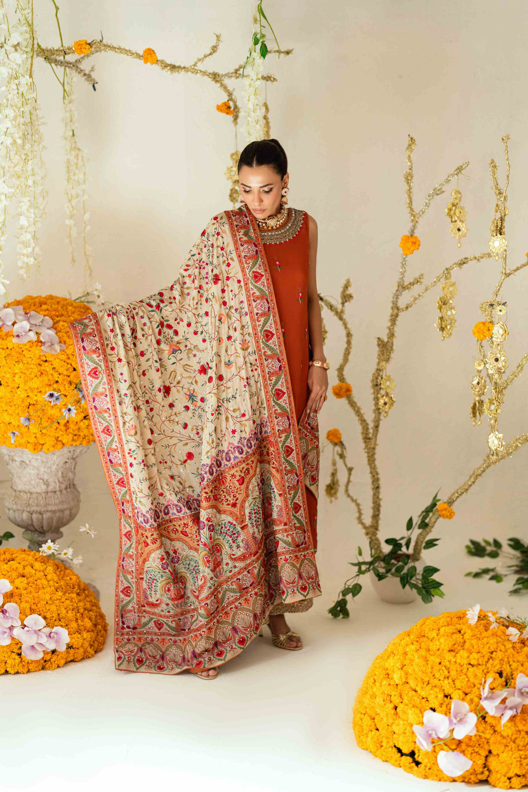 Shehrnaz - Rina Rust Two-Piece Set - SHK-1577 - Rust - Chiffon - 3 Piece