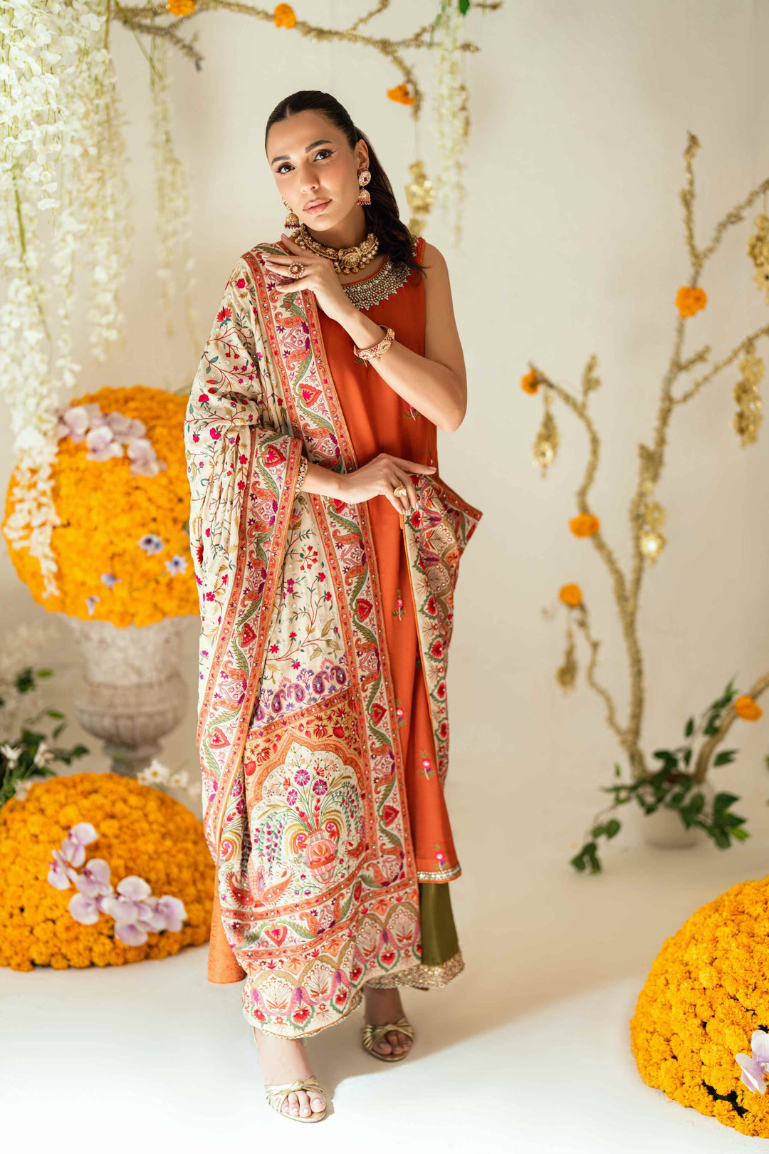 Shehrnaz - Rina Rust Two-Piece Set - SHK-1577 - Rust - Chiffon - 3 Piece