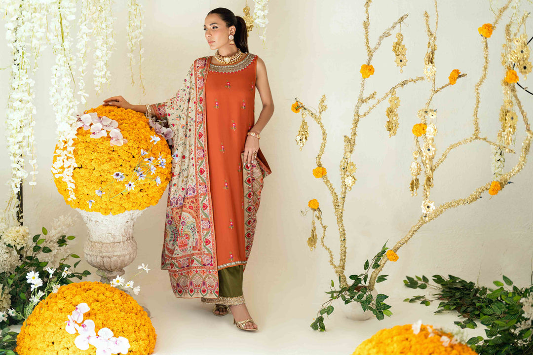 Shehrnaz - Rina Rust Two-Piece Set - SHK-1577 - Rust - Chiffon - 3 Piece