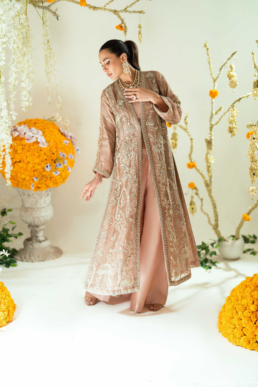 Shehrnaz - Tara Rose Gold Long Coat Set - SHK-1569 - Rose gold - Mysore silk  - 3 Piece
