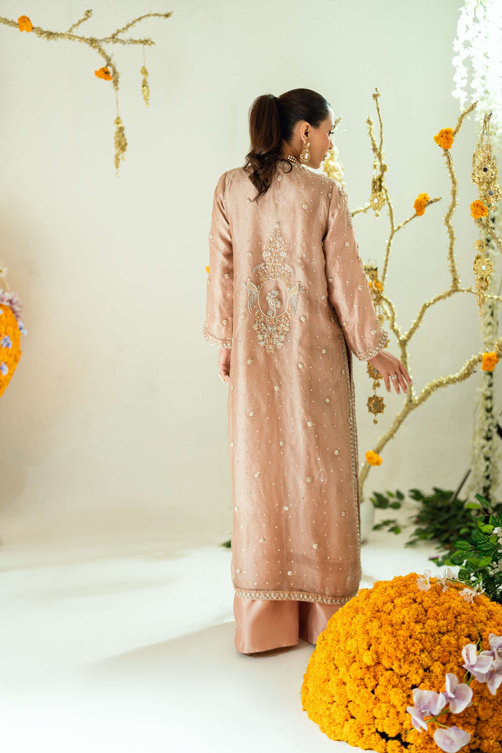 Shehrnaz - Tara Rose Gold Long Coat Set - SHK-1569 - Rose gold - Mysore silk  - 3 Piece
