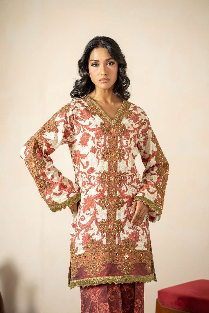 Shamaeel - Antique Art Khaadi Silk Suit For Women - Maroon & Ivory - 2 Piece