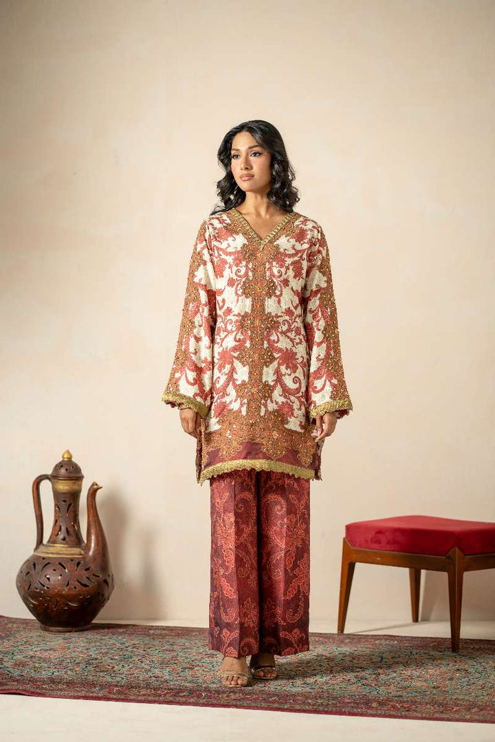 Shamaeel - Antique Art Khaadi Silk Suit For Women - Maroon & Ivory - 2 Piece