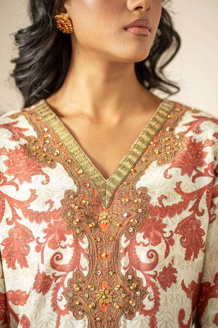 Shamaeel - Antique Art Khaadi Silk Suit For Women - Maroon & Ivory - 2 Piece