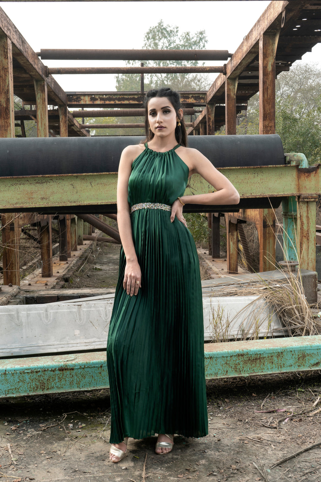 Syah - Halterneck Pleated Dress - Silk - Emerald Green - 1 Piece