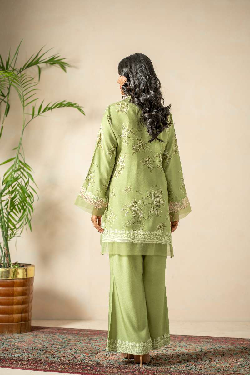 Shamaeel - Olive Bloom Khaadi Silk Suit For Women - Green & Ivory - 3 Piece